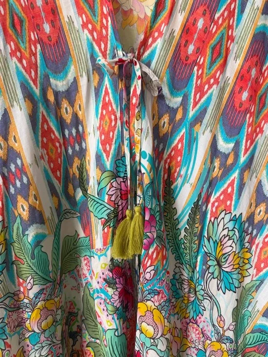 Johnny Was Pearce Short Kimono/Swim Coverup with front tasseled ties S/M - Picture 4 of 8